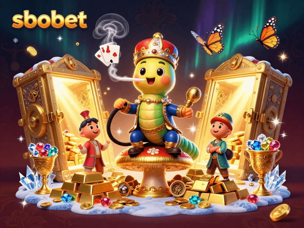 SBOBET sports betting scene with captivating characters, gold coins, and vibrant casino elements.