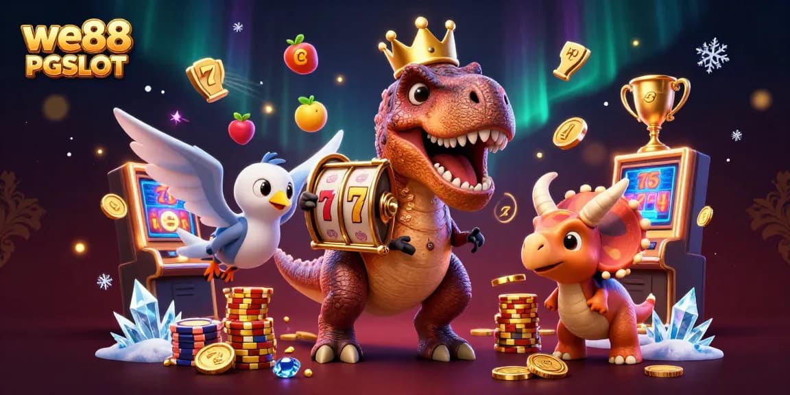ภาพประกอบ 3D ของ we88 PGSLOT ที่มีไดโนเสาร์เล่นเกมสำหรับผู้เล่นคาสิโน
