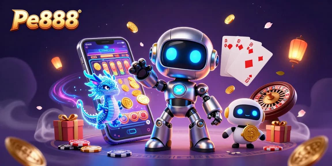 Experience Pe888 with vibrant slot games and captivating casino elements in a dynamic 3D illustration.
