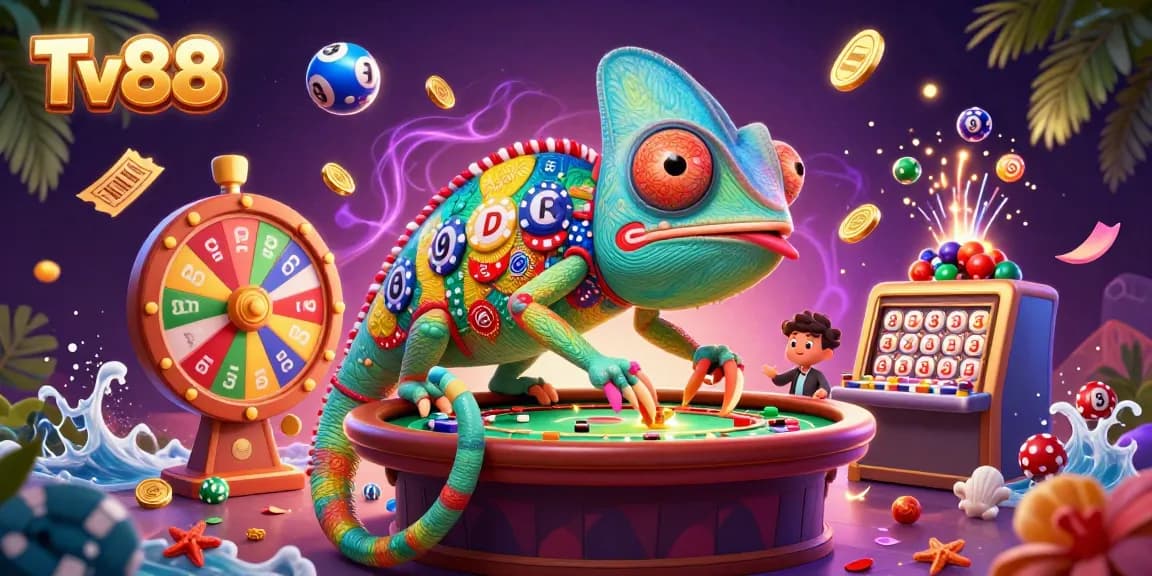 Experience thrilling gameplay at Tv88 with vibrant casino elements and a lively chameleon character.