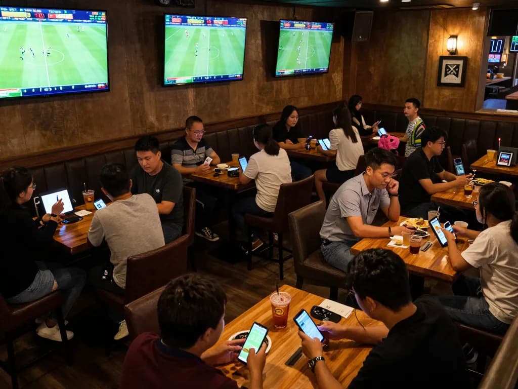 Patrons engaged in sports betting with kèo nhà cái displayed on screens, highlighting dynamic gameplay and excitement.