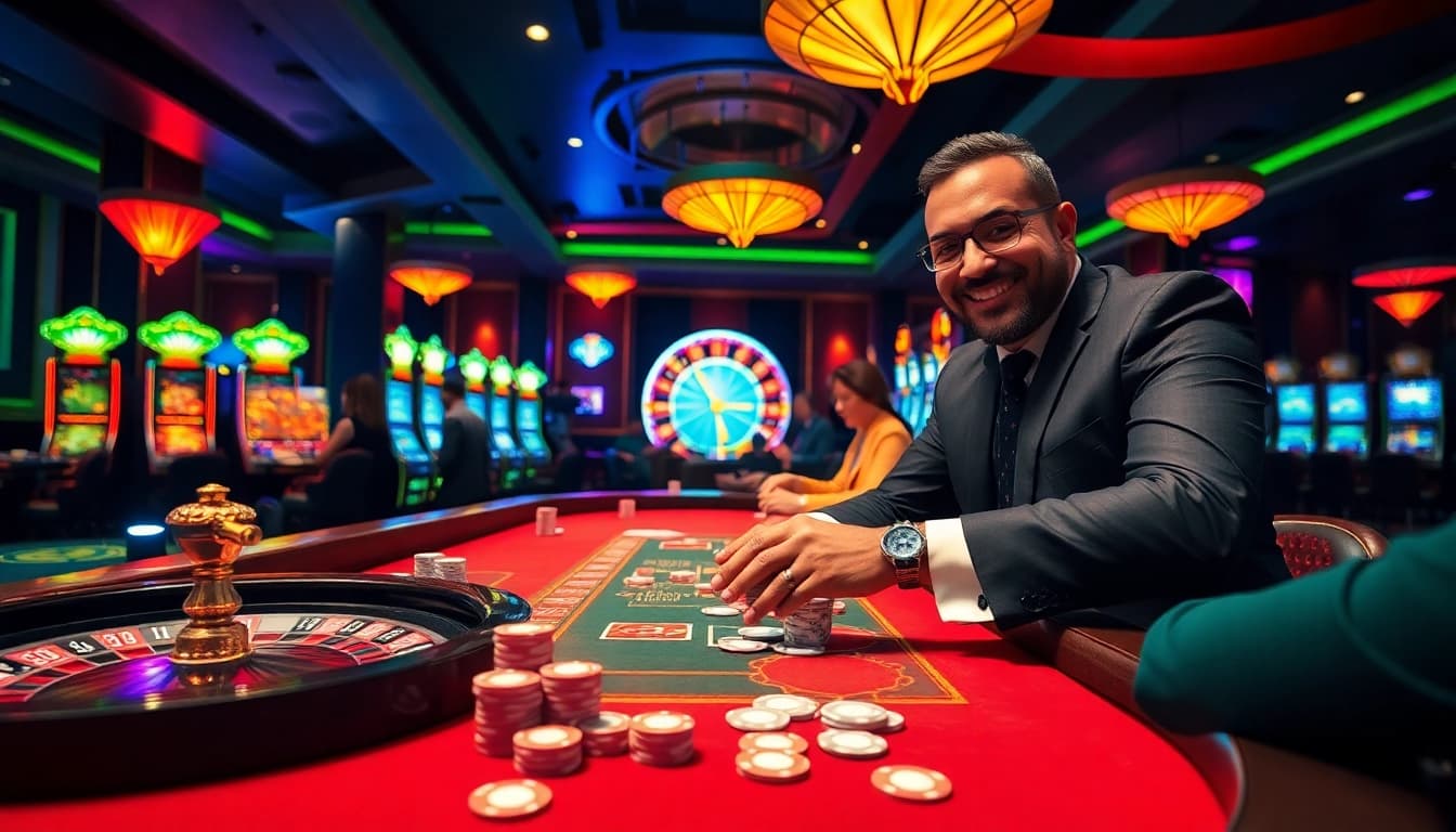 Experience the thrill of a high-stakes poker table at https://luckywin.fan/ with colorful chips and vibrant lighting.