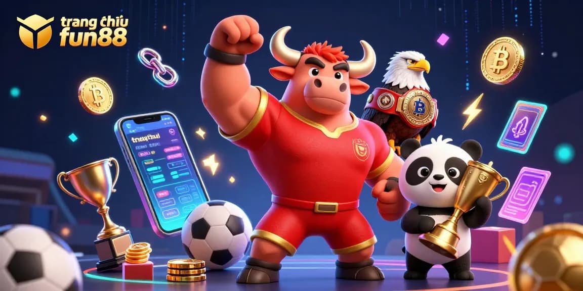 Engage with trang chủ fun88, featuring sports betting symbols and cartoon mascots in a vibrant casino illustration.