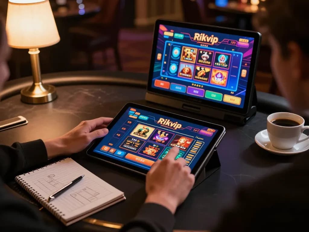Engaging user playing on rikvip online casino with tablet, showcasing vibrant game display.