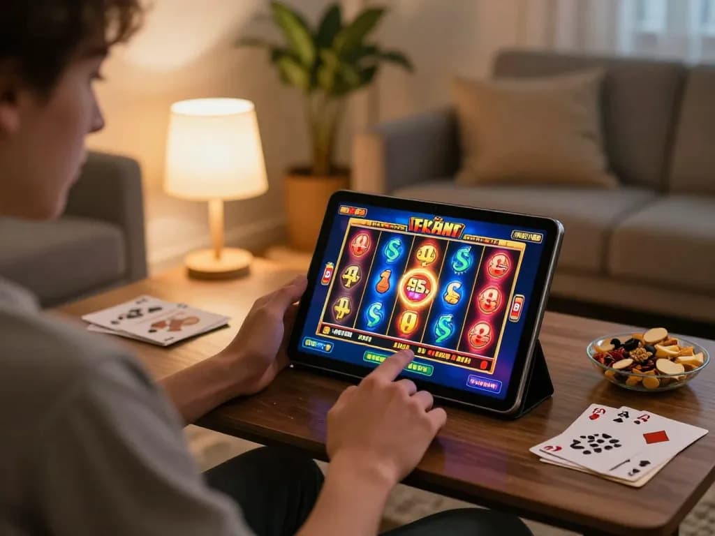 Player enjoying online gambling on tablet showcasing engholmnds slot games in a cozy living room setting