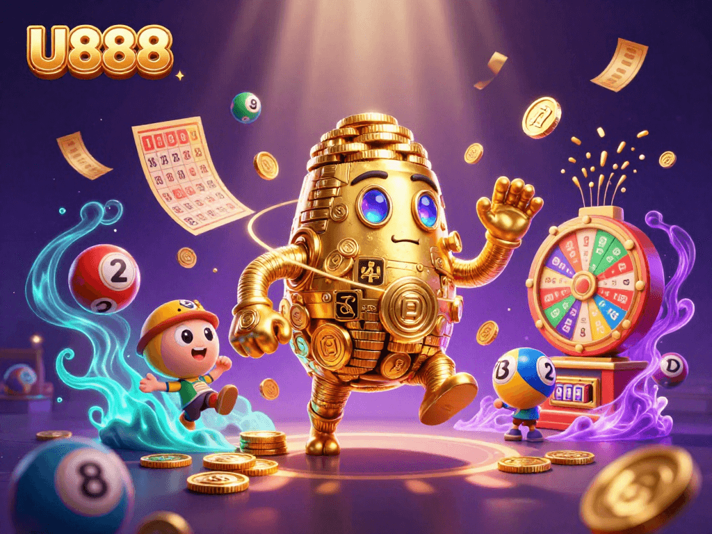 Spin and win at U888 with colorful lottery balls and a dynamic golden golem illustration.