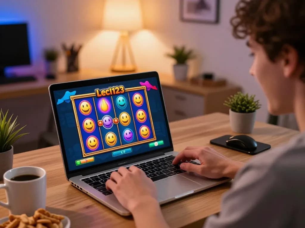 Leci123 player engaging with exciting slot games on laptop in a cozy home setup