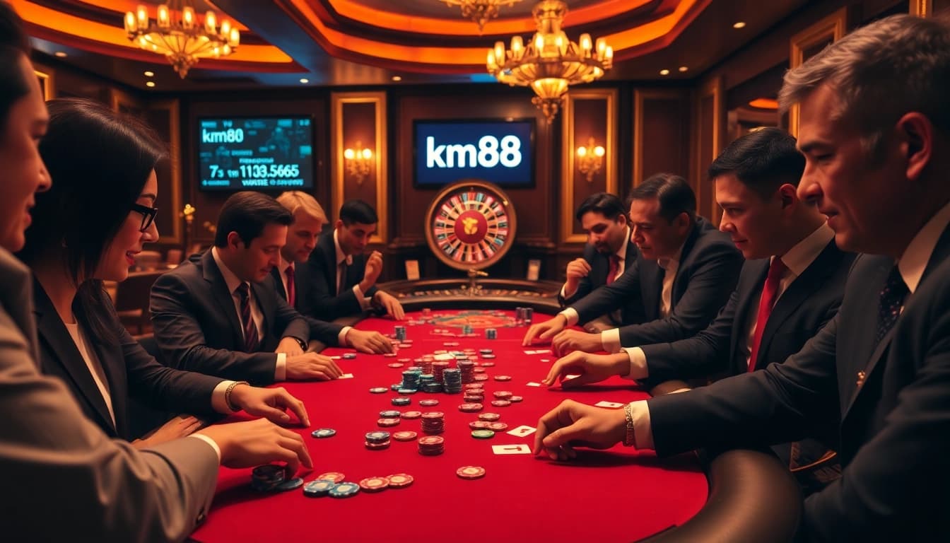 Excited players at a km88 poker table during a high-stakes game in a luxurious casino.