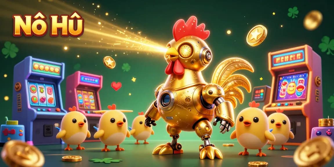 Nổ Hũ invites players into an exhilarating laser-lit slot gaming adventure featuring a golden rooster robot.