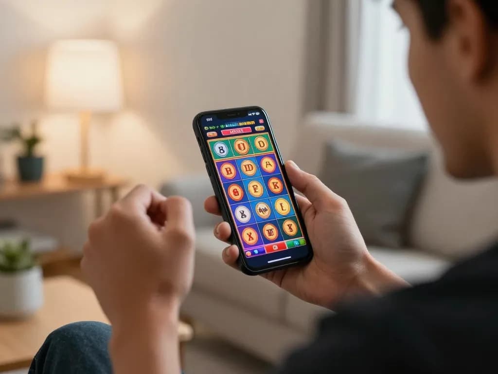 Alev Kumar enjoys online casino gaming on a smartphone, celebrating a win in a cozy home setting.