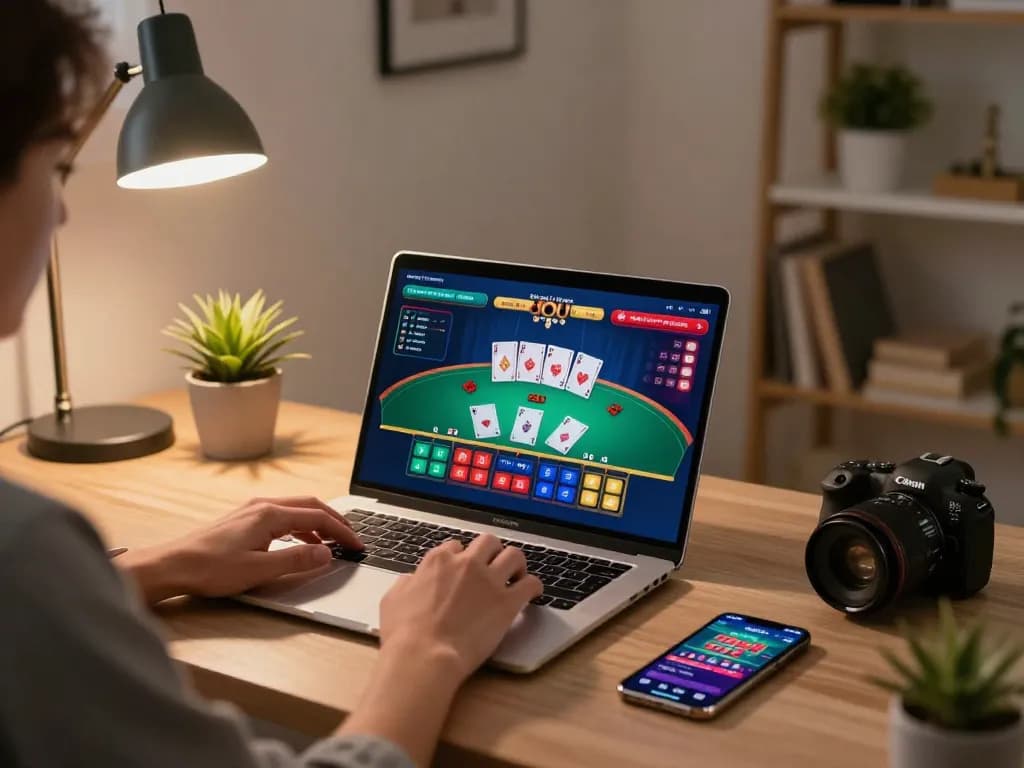 Engaging gameplay at secret giris casino on a laptop in a modern home office setting.