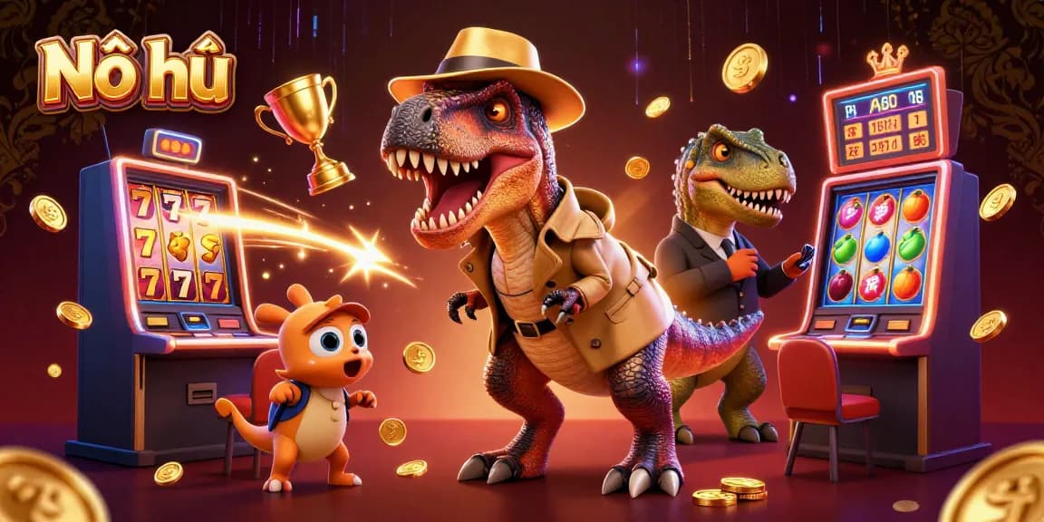 Nổ hũ illustrates a velociraptor card counter and a stegosaurus pit boss at a vibrant slot machine scene