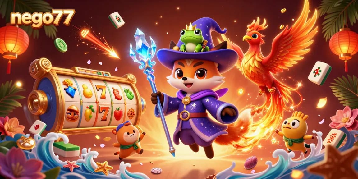 Engage with the thrilling gaming experience at nego77 featuring vibrant slot reels and captivating mythical characters.