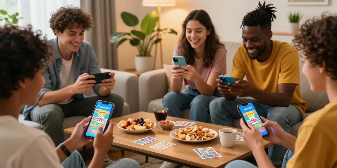Friends enjoying Card Rummy app link, playing together with vibrant screens and cozy living room atmosphere.