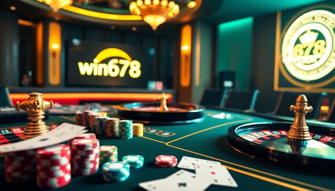 Experience thrilling gameplay at win678 with poker chips, cards, and a roulette wheel.