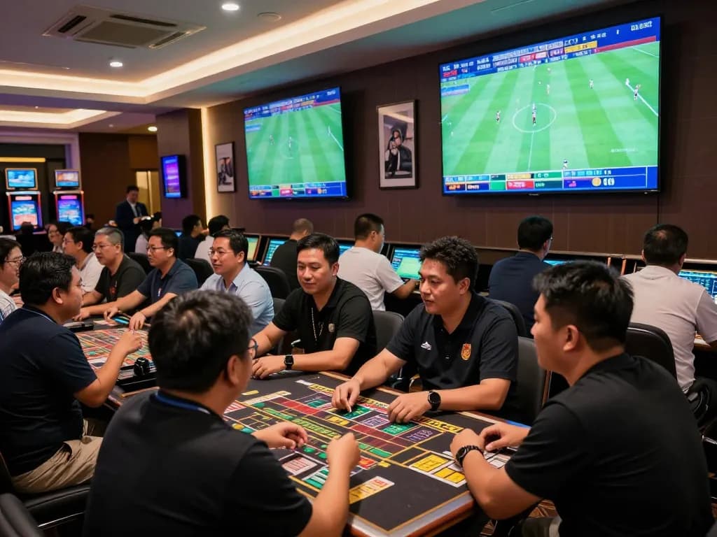 Excited bettors engaging in เว็บแทงบอล at a lavish casino sports betting area with screens showing live matches.