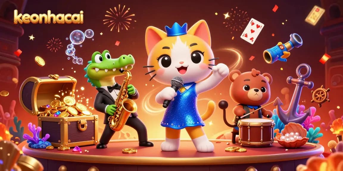 Experience keonhacai's vibrant casino atmosphere with jazz-singer cat, dancing crocodile, and bear drummer.
