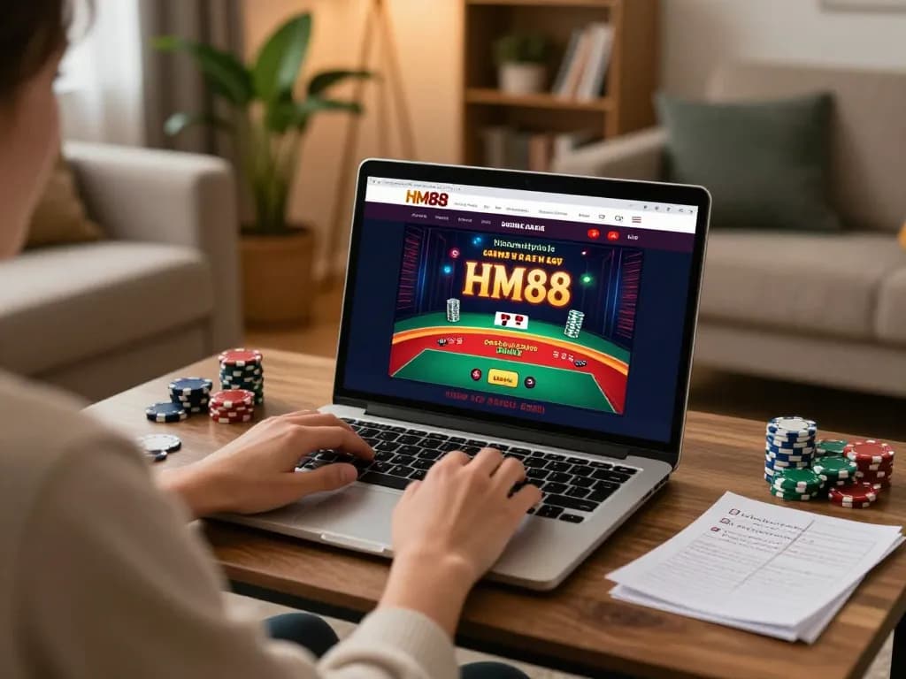 Engaging in online gameplay on HM88 with laptop, showcasing live dealer game interface and strategy notes