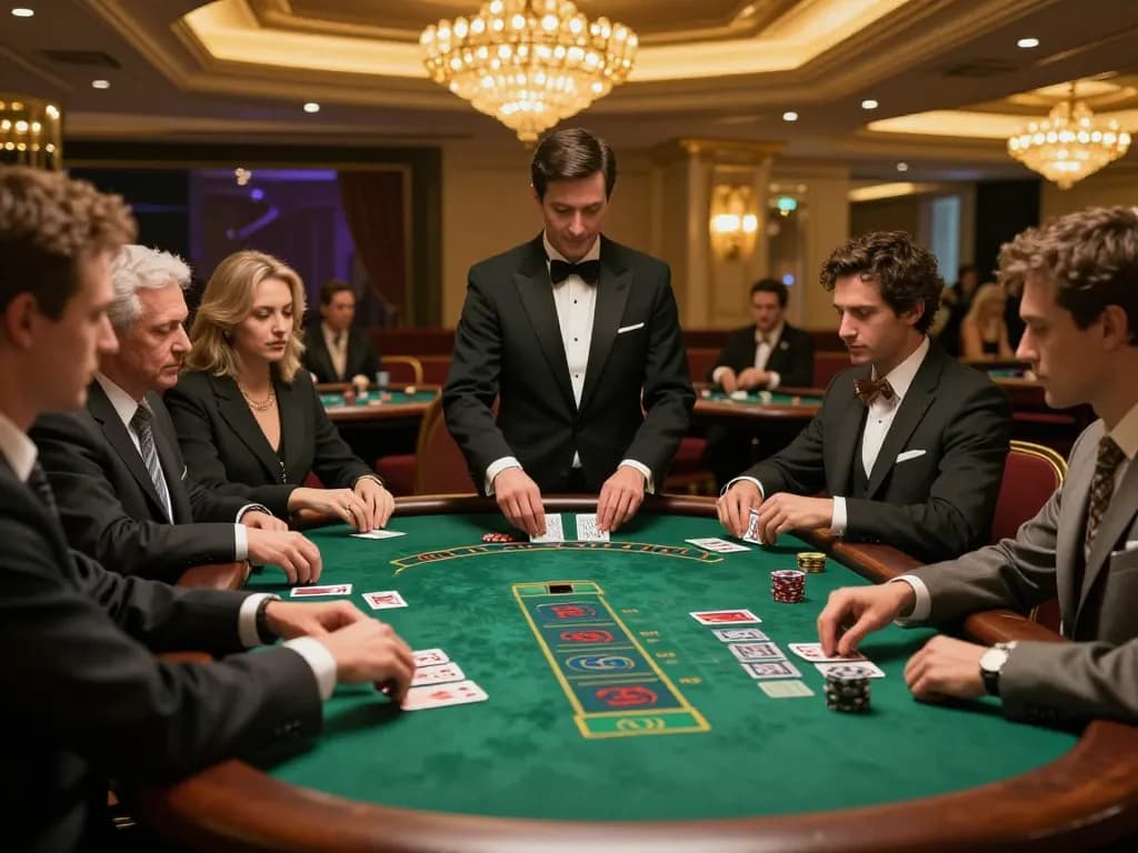 uk88 players engaging at an elegant blackjack table in a high-stakes casino atmosphere.