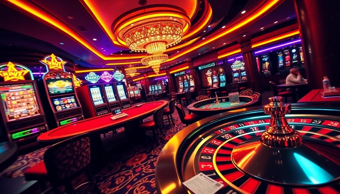 Kqxs players enjoying a thrilling casino experience with vibrant slot machines and poker tables.