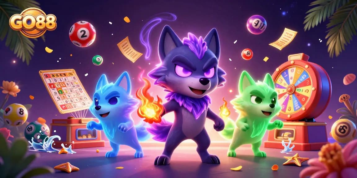 GO88 players revel in dynamic lottery excitement, surrounded by vibrant game elements.