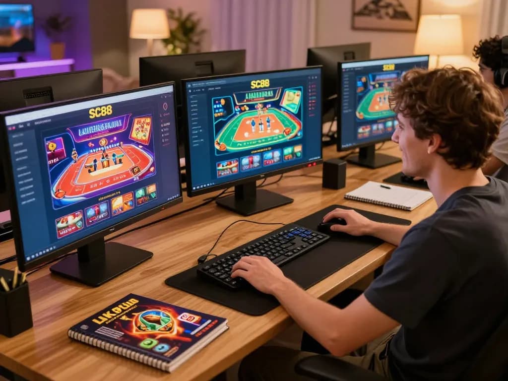 Player enjoying SC88 online gaming experience with live dealer, vibrant interface, and a strategic setup