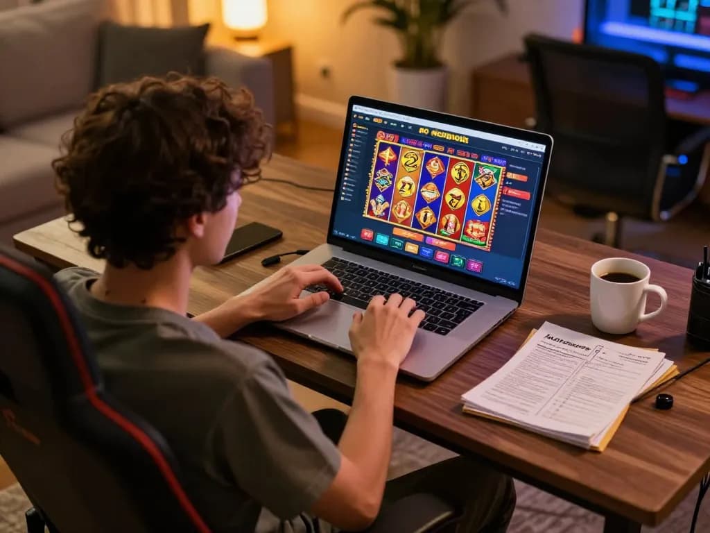 Player engaging with an Online Casino No Deposit offer on their laptop in a warm home setting