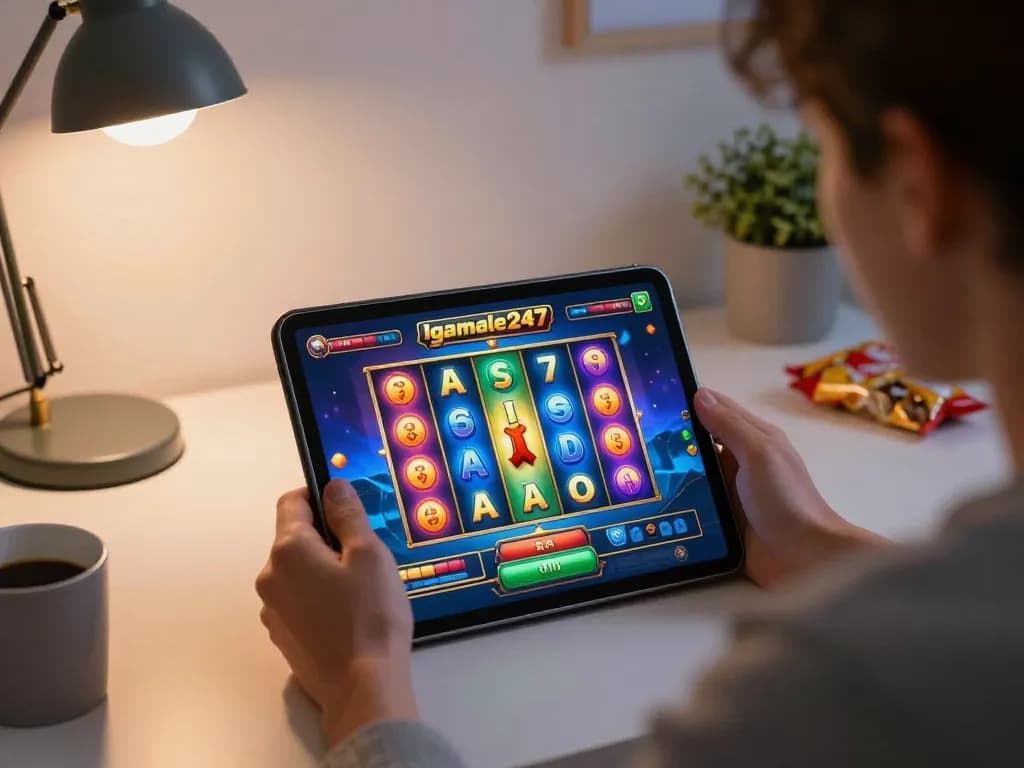 The player engages with Igamble247 Slot on a tablet, showcasing game excitement in a cozy living space.