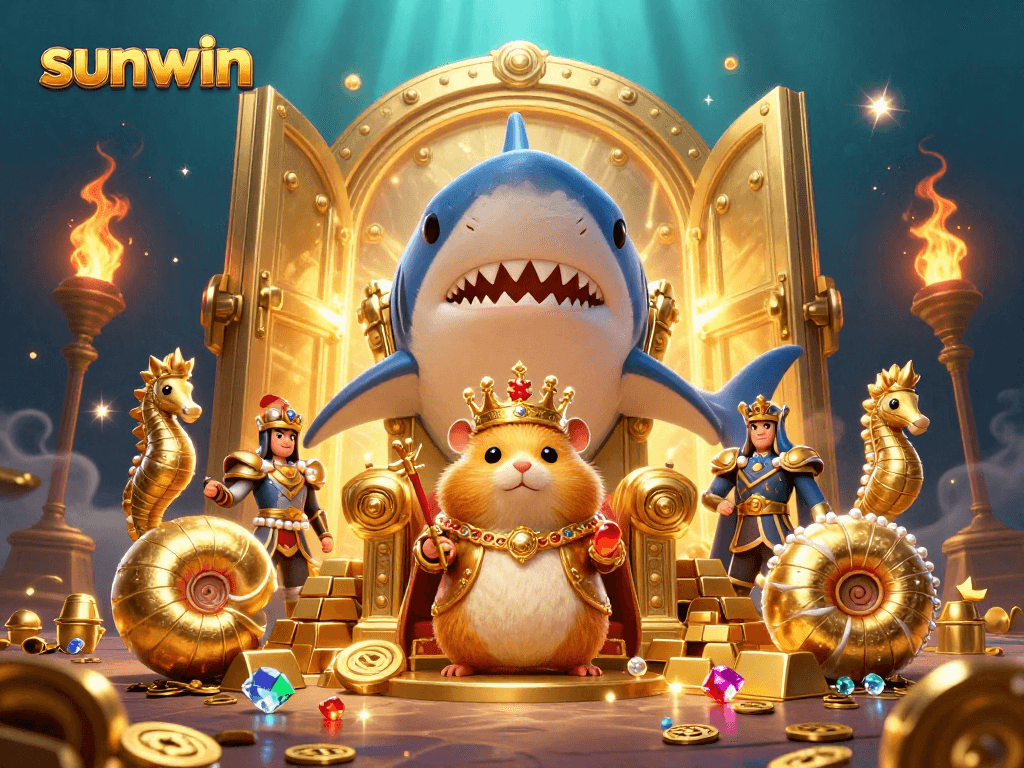 Engage with Sunwin's golden treasures and dynamic casino experience in this vibrant illustration.