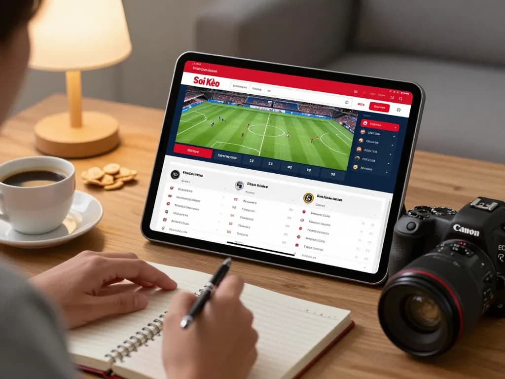 Soi Kèo user analyzing live betting odds on tablet in a cozy home setup while noting strategies