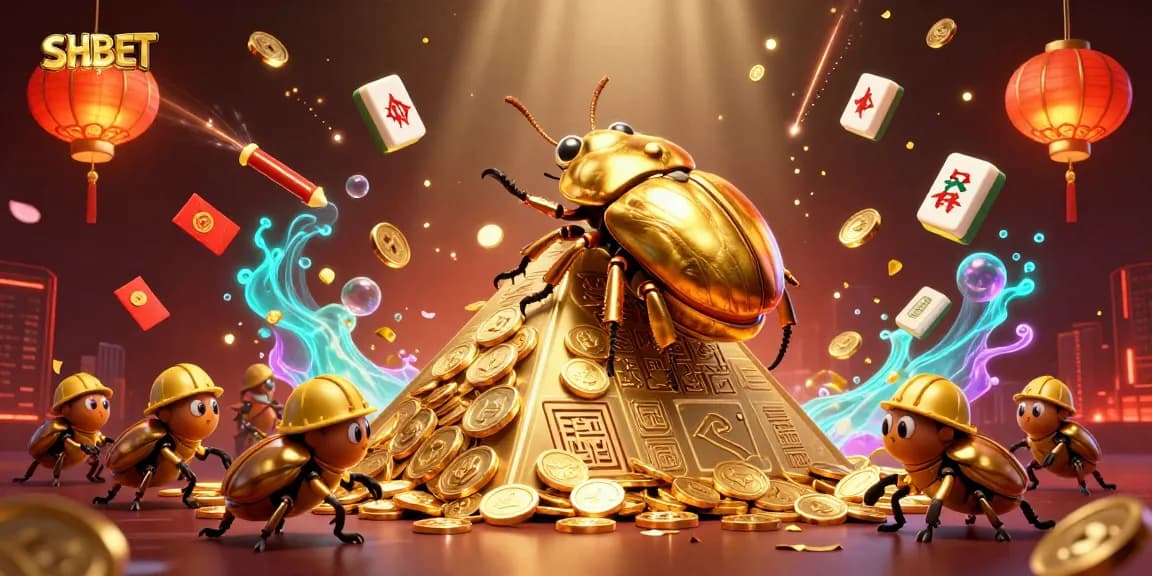 Engage in thrilling casino activities at SHBET with a vibrant gold and red illustration showcasing dynamic symbols.