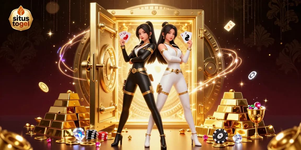 Situs togel action featuring twin Asian women with playing cards against a treasure backdrop.