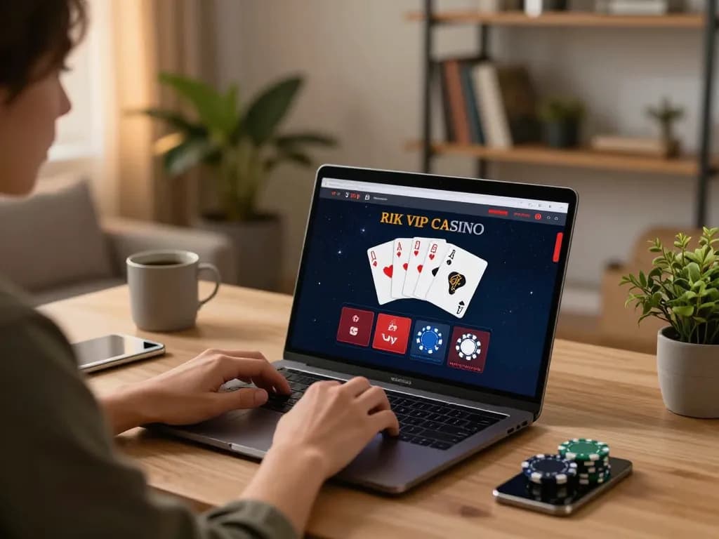 Engaging player at a laptop exploring rik vip online casino platform with poker games.