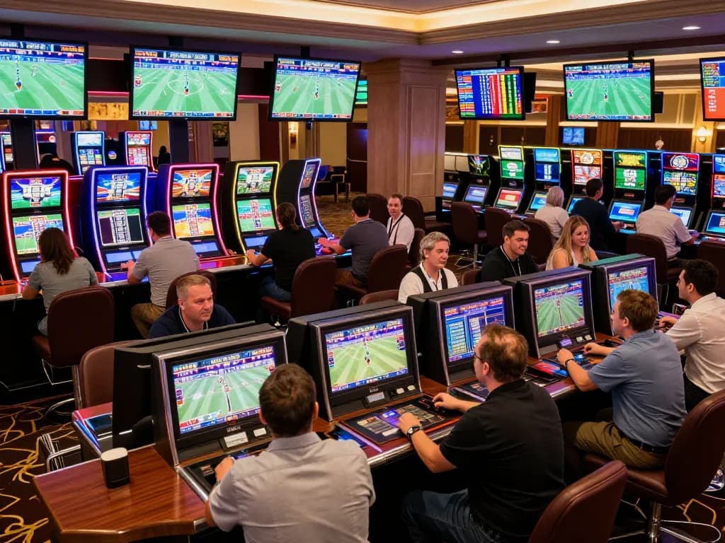 Betters engaging in live sports betting at cf68, surrounded by dynamic screens showing games and odds.