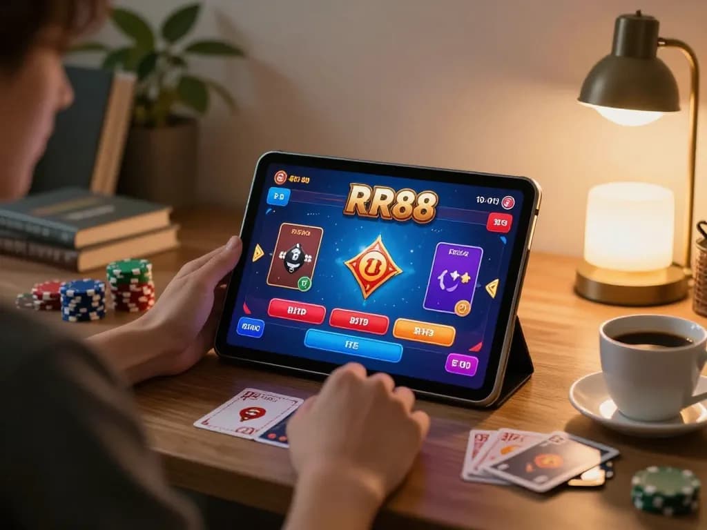 Player engaging in RR88 casino games on a tablet, showcasing an immersive online gaming experience.