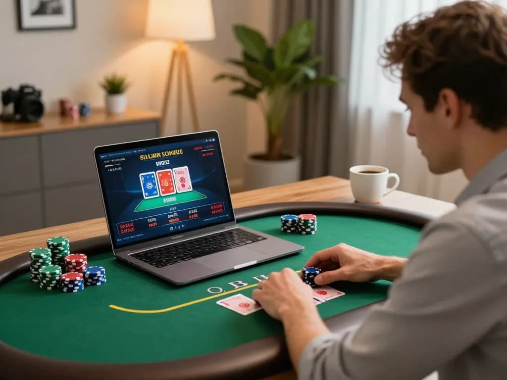 Engaging in strategic gameplay at https://mm88.today/, a player expertly managing their poker hands at home.