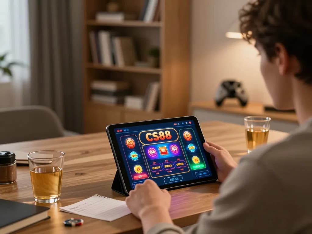 Player engaging in cm88 online gaming with tablet in cozy home environment