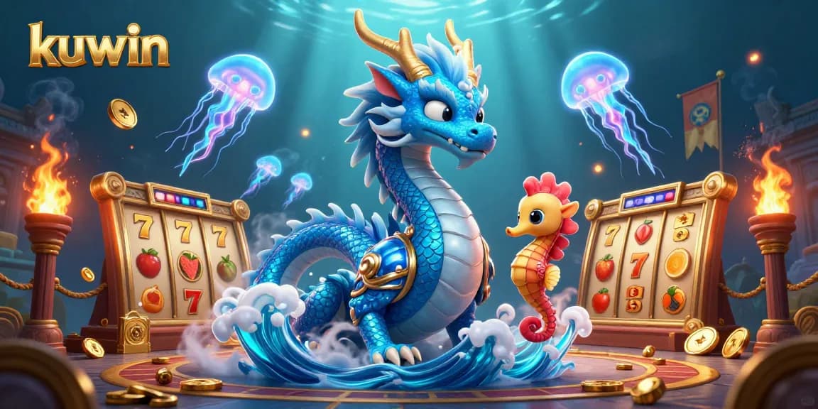 Kuwin's enchanting online casino scene featuring a dragon, knight, and vibrant game elements.