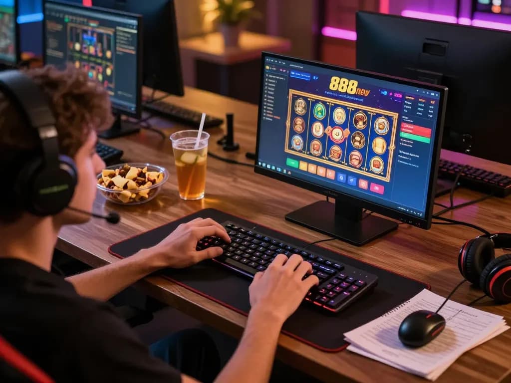Engaged player enjoying the 888new casino experience from home, showcasing online gaming strategy.