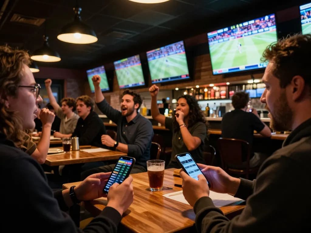 People placing bets on nowgoal while enjoying live sports event with friends.