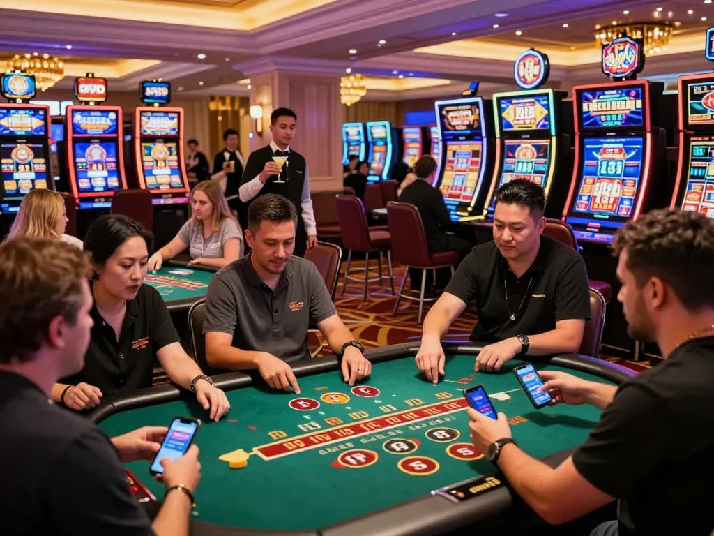 Alev Casino 804 live gaming excitement with players enjoying blackjack and slots in a vibrant casino setting.