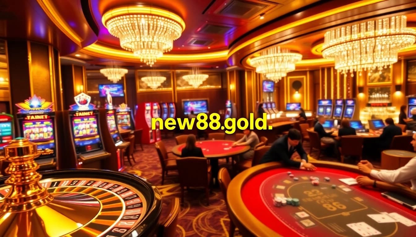 Gamblers enjoying the vibrant atmosphere at https://new88.gold/ casino, featuring roulette, poker, and slot machines.