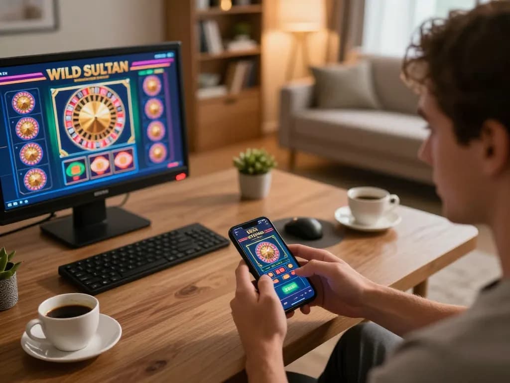wild sultan casino connexion displayed on an engaging mobile app, showcasing vibrant gaming options in a stylish home environment
