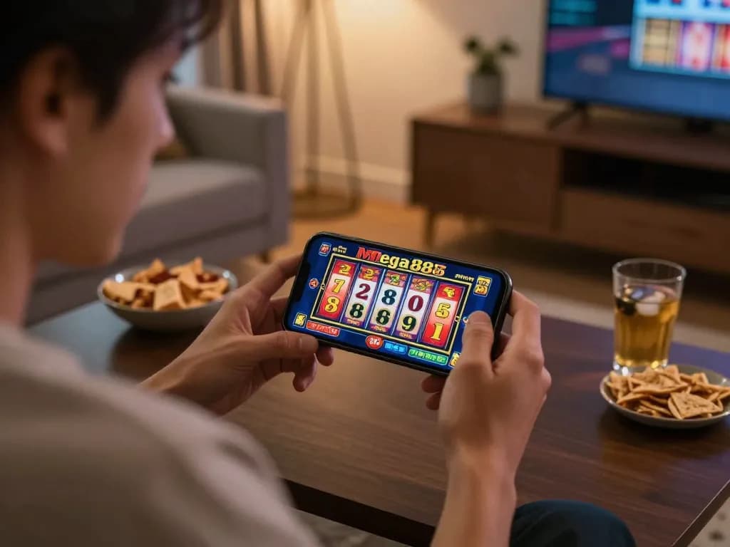 Engaging in Mega888 online gaming on a smartphone at home, showcasing a vibrant slot game
