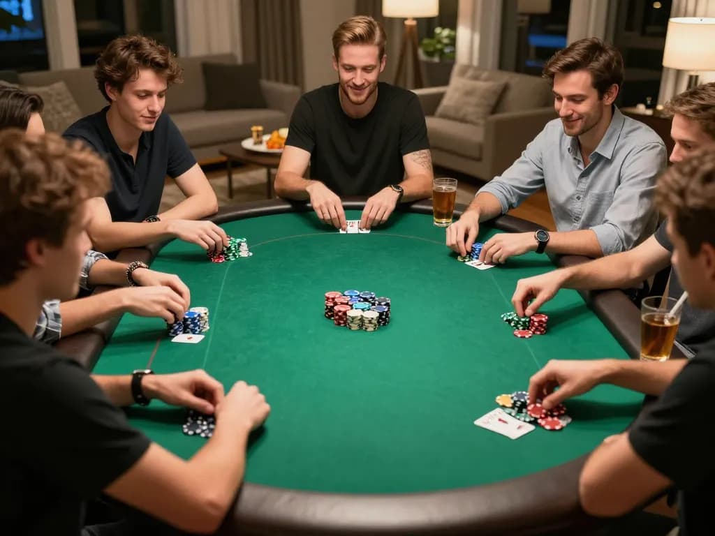 Jun88 players engaging in a friendly poker night at home, showcasing chips and cards