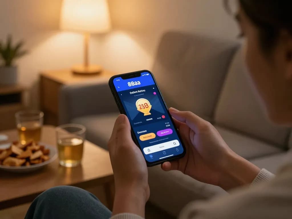 Engaging with 88aa online betting app on smartphone, showcasing responsible gaming practices in a cozy home