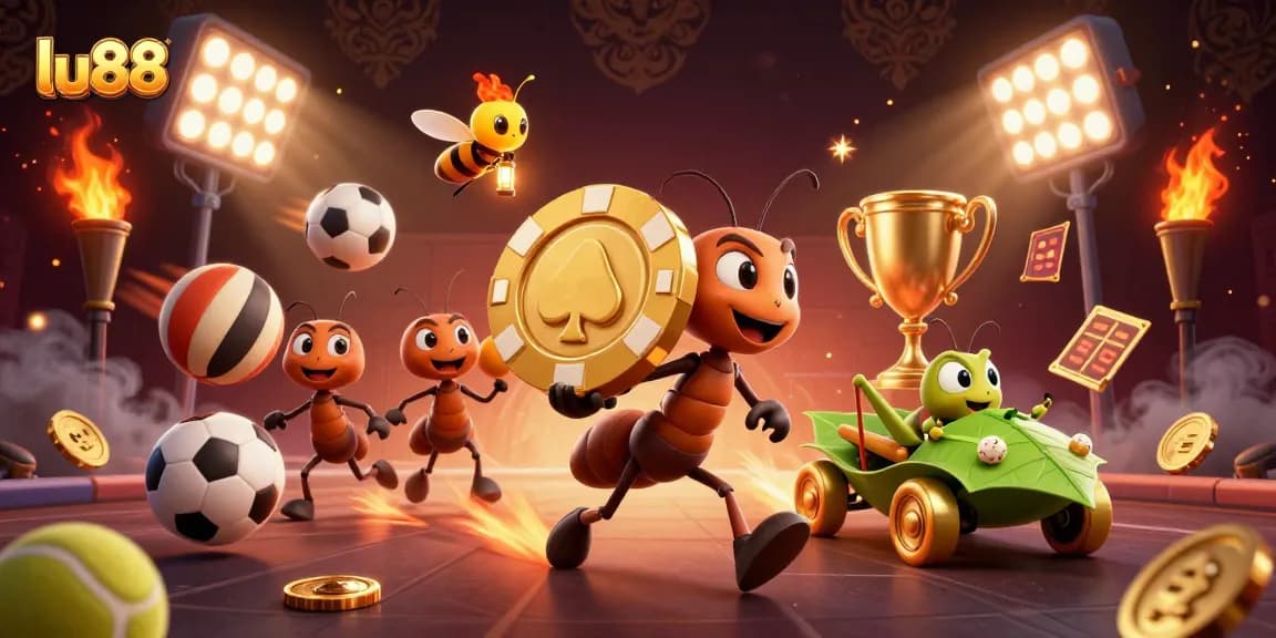 lu88 showcases a dynamic heist scene with playful ants, a firefly lookout, and a grasshopper driver in a vibrant casino atmosphere.