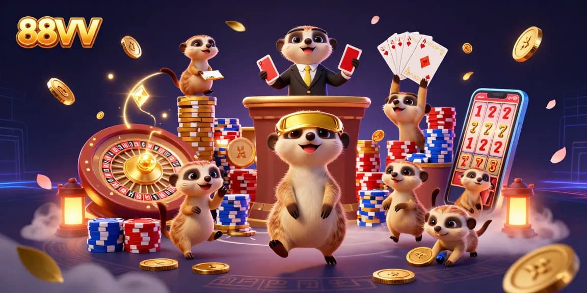 Experience thrilling gaming at 88VV Casino with lively meerkats managing the casino.