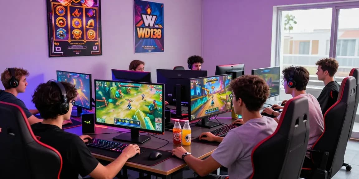 Friends enjoying online gaming at WD138 daftar with colorful screens and snacks