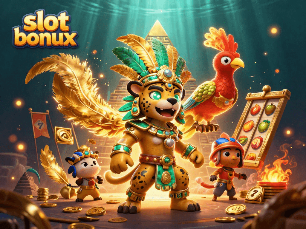 Win slot bonus with vibrant symbols and Mayan-themed characters in an immersive casino scene.